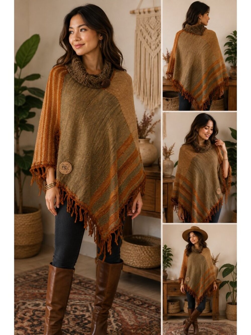 Peumafe Chile Woven Poncho Women Fringe Cowl Neck Boho Artisan One Size